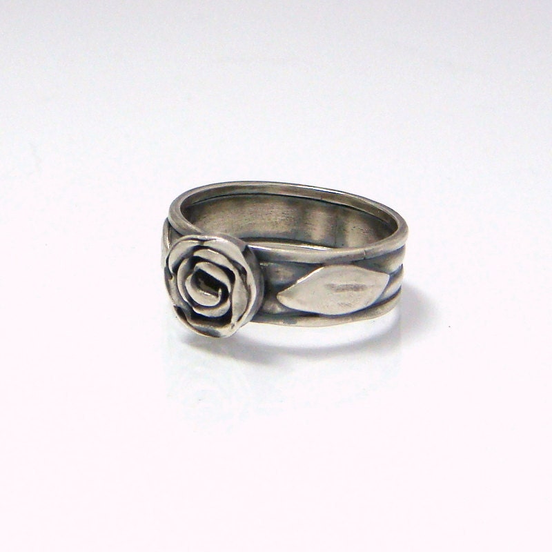 Handmade Rose Ring Sterling Silver Size 5 and a Half Wide Band with Leaf Garden - Nature Ring