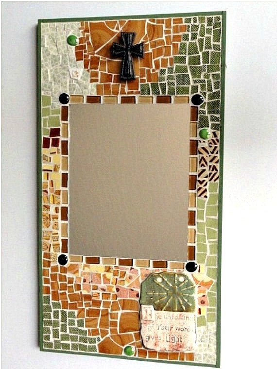 Spiritual/Religious Mosaic Mirror, Broken Dish in Warm Gold and Moss Green