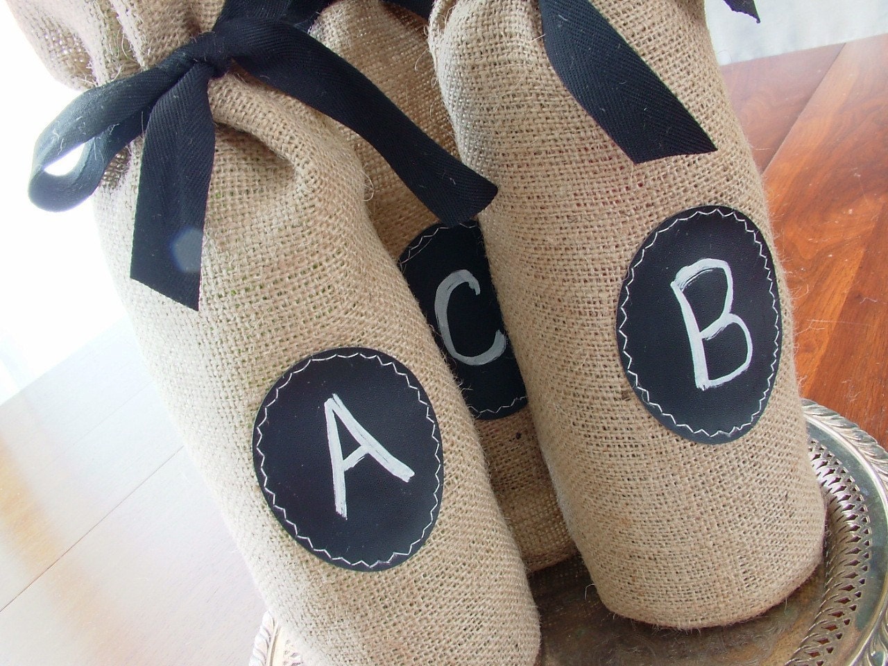 Burlap Wine Bottle Bags with Message Label - Set of 4