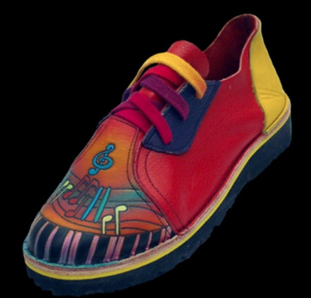 Leather Handmade Shoes - Music Notes - Cowhide Red Orange Purple, Custom Made Size 5, 6, 7, 8, 9, 10 Lo-Tops Keyboard Musician