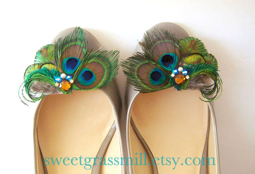 Peacock Feather Shoe Clips - MAJESTE Shoe Clips - Crystals & Gems