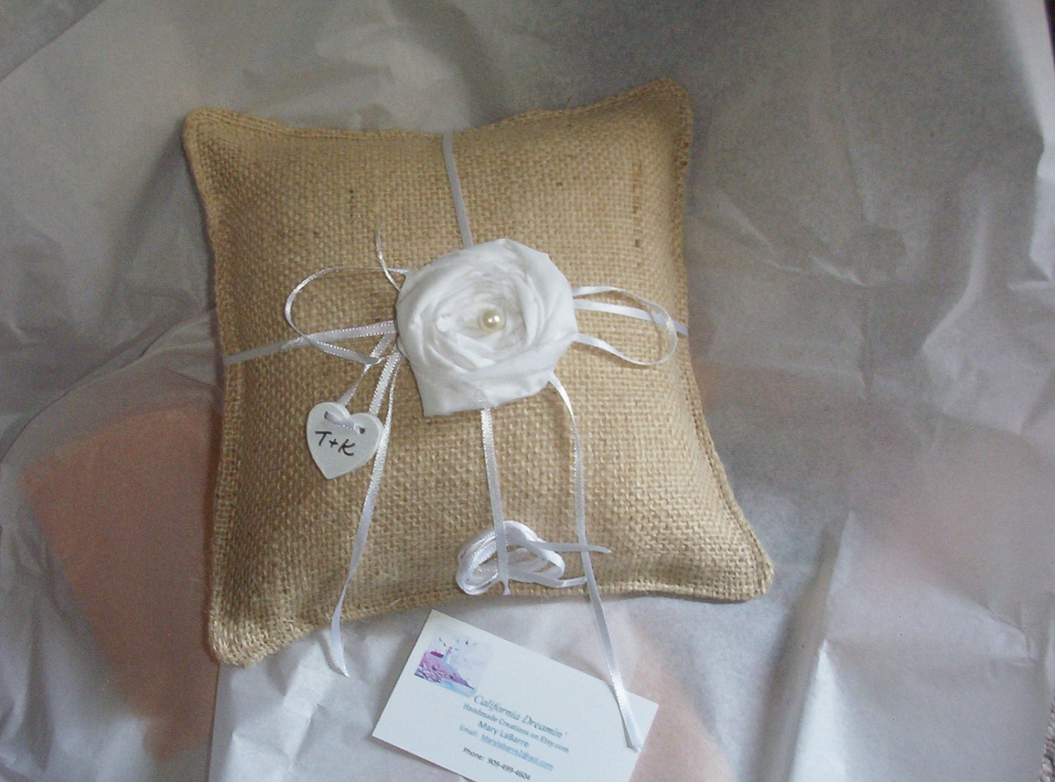 Burlap Ring Bearer Pillow with Tattered White Rolled Rose and Personalized Heart