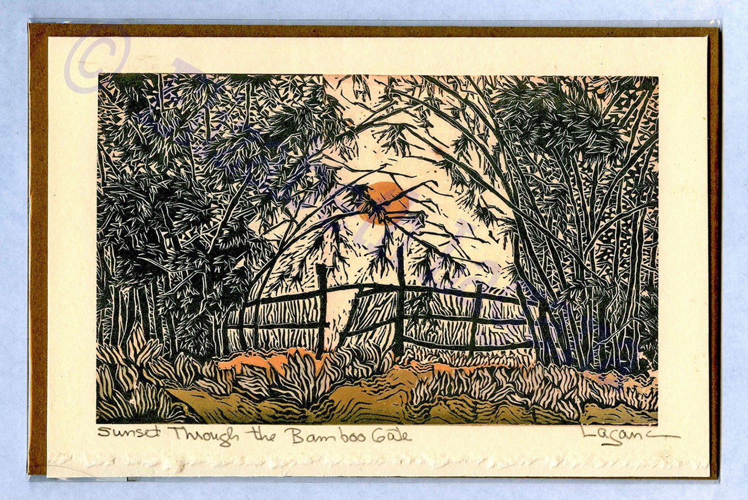 3 Lagana Greeting cards, digitalized from Lagana's linoleum block prints, "Sunset Through the Bamboo Gate," plus 2 more of your choice.