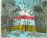 Sunset Through the Bamboo gate, limited edition linoleum block print, printed and signed in pencil by the artist