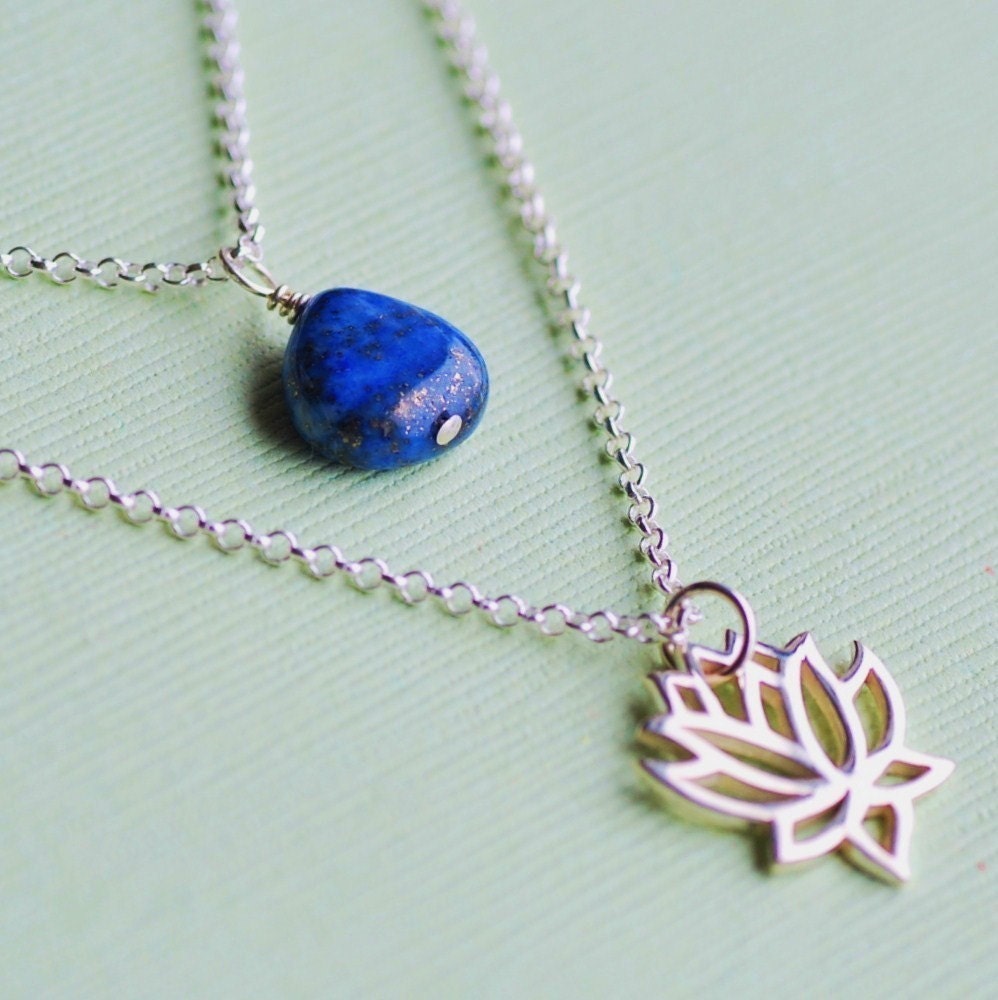 Lotus Flower Double Strand Lapis Lazuli Sterling Silver Necklace