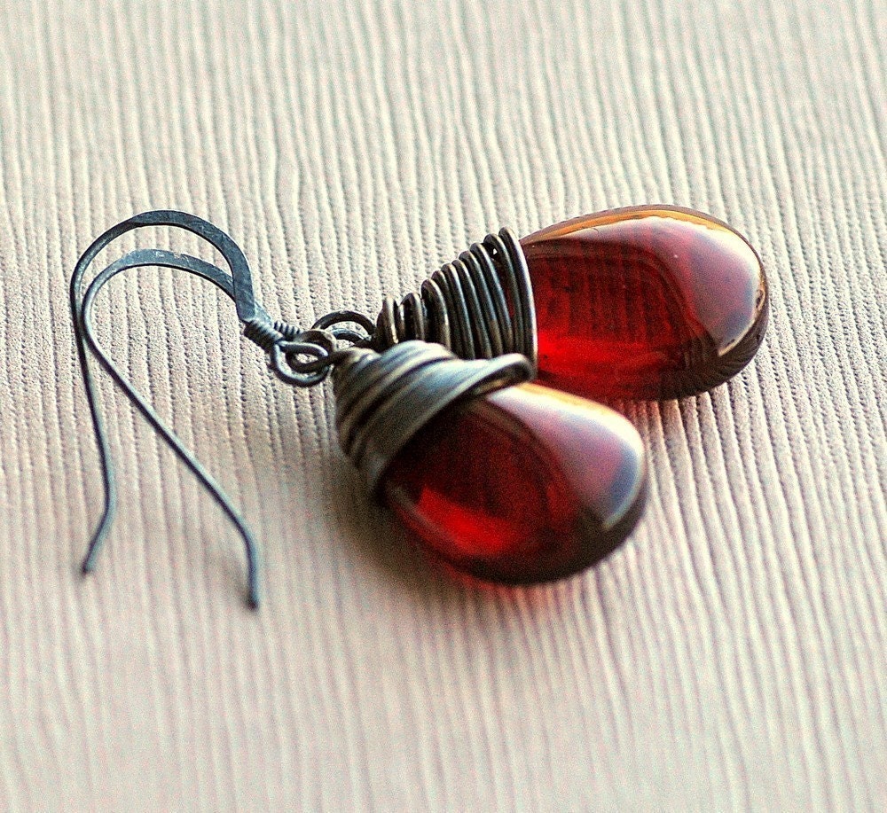 Red Quartz Earrings - Red Quartz Smooth Briolettes on Oxidized Blackened Patina Sterling Silver