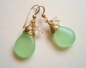 Ocean Treasure Earrings - Seafoam Chalcedony and Swarovski on 14kt Gold Filled