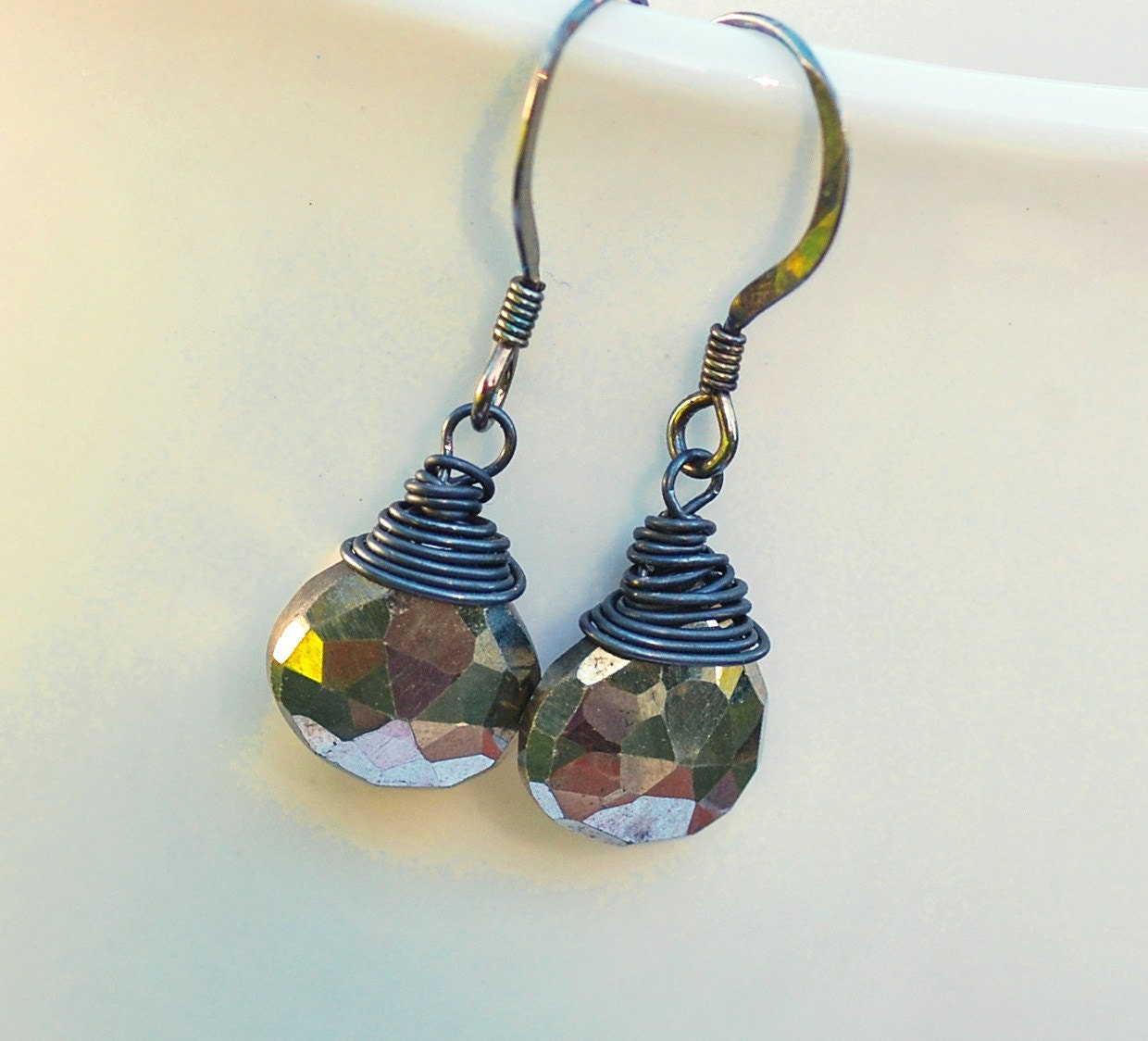 Pyrite Gemstone Oxidized Wire Wrapped Sterling Silver Earrings - Gold Silver Shine