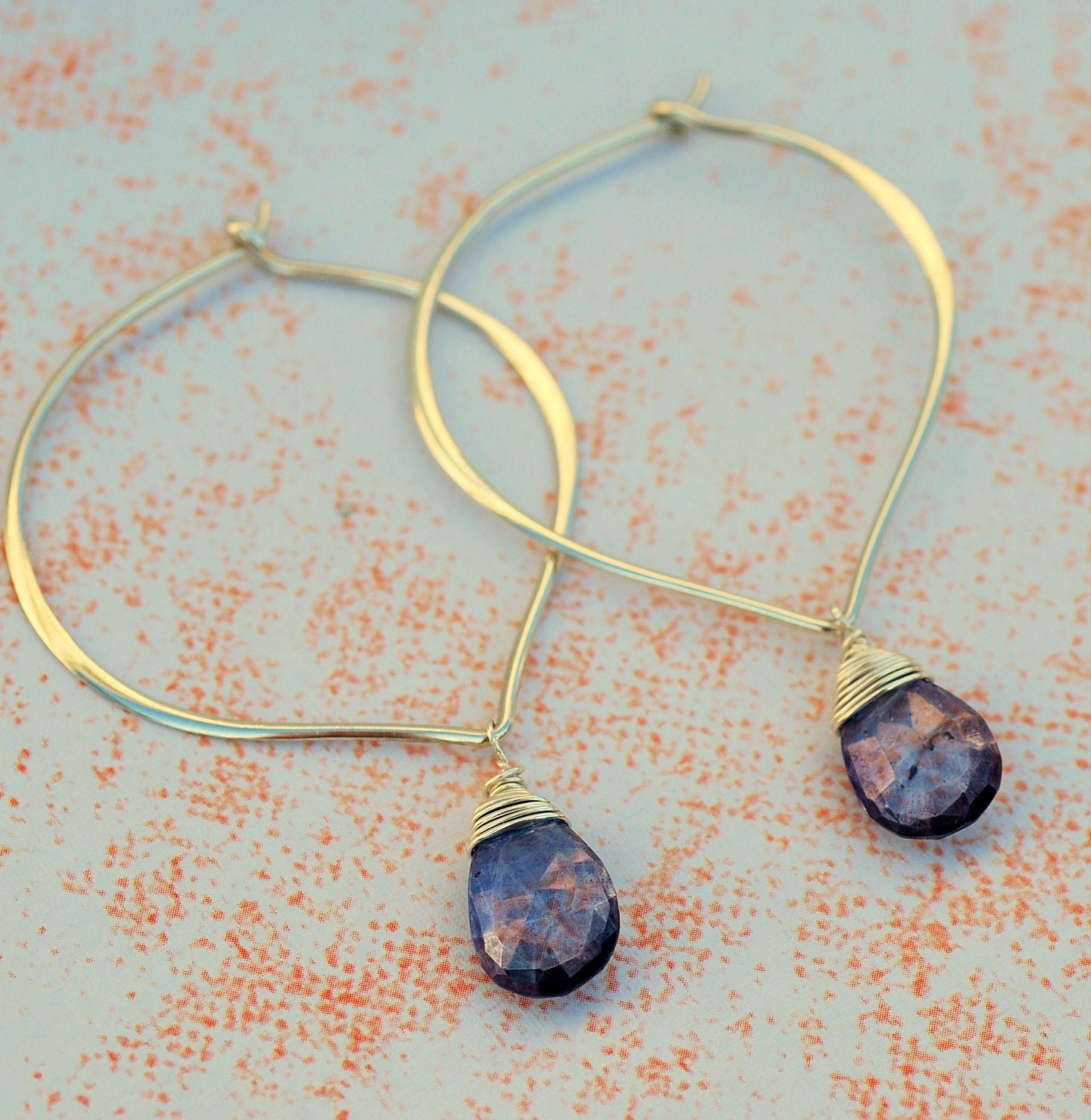 Blue Quartz Lotus Hoop Earrings - Denim Jean Iolite Quartz - Sterling Silver Petal Earrings