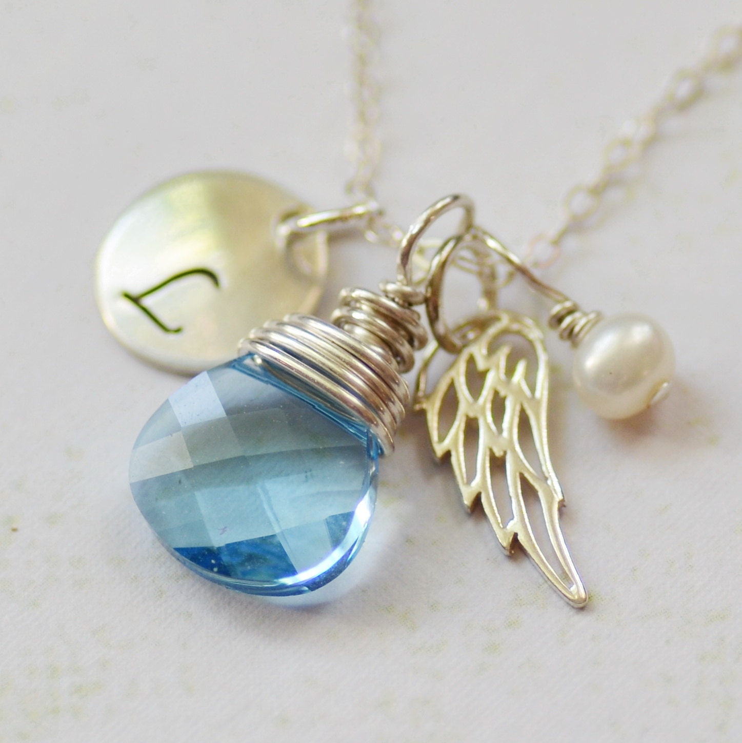 RESERVED - Initial Swarovski Angel Wing Necklace with Freshwater Pearl with RUBY