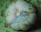 Parakeet Embroidered Pincushion Green Velvet Back