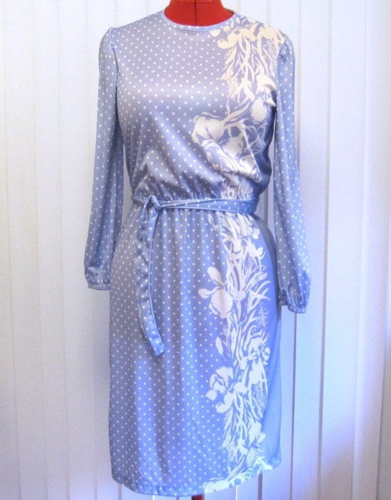 1970s Cornflower Blue Polyester Dress with White Polka  Dot and Floral Design