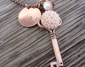 Mixed media copper charms- bloom- hand stamped bloom charm, copper key with sweet mum and freshwater pearl drop