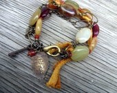 Soar into Golden Skies Boho Bracelet- sari silk antique brass, agate beads and hand stamped soar wing charm