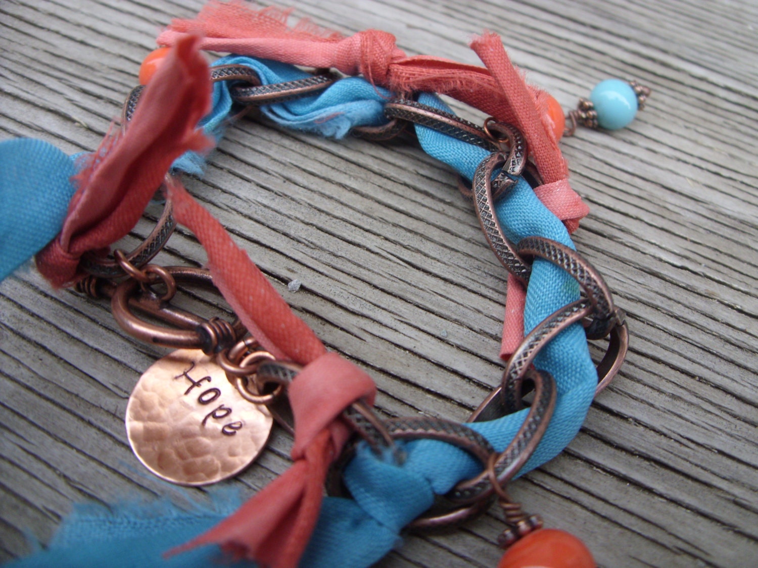 Bravo Boho Bracelet- copper chain, turquoise and orange glass beads and sari silk with handstamped copper hope charm