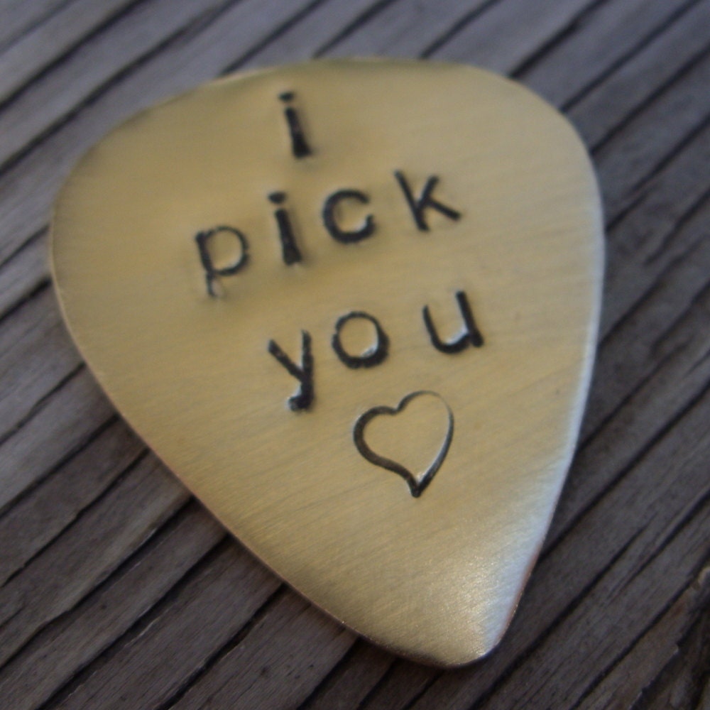 Hand stamped brass guitar pick- custom gift for a cool musician