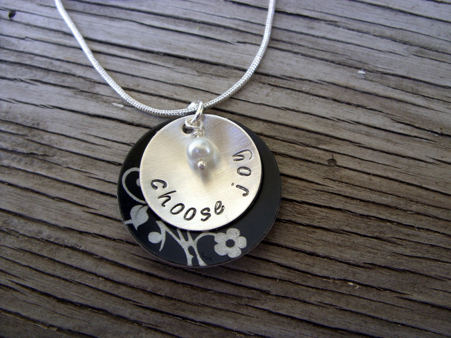 Hand stamped sterling silver 3/4 inch pendant with lovely 1 inch aluminum frame and 4mm glass pearl drop- choose joy