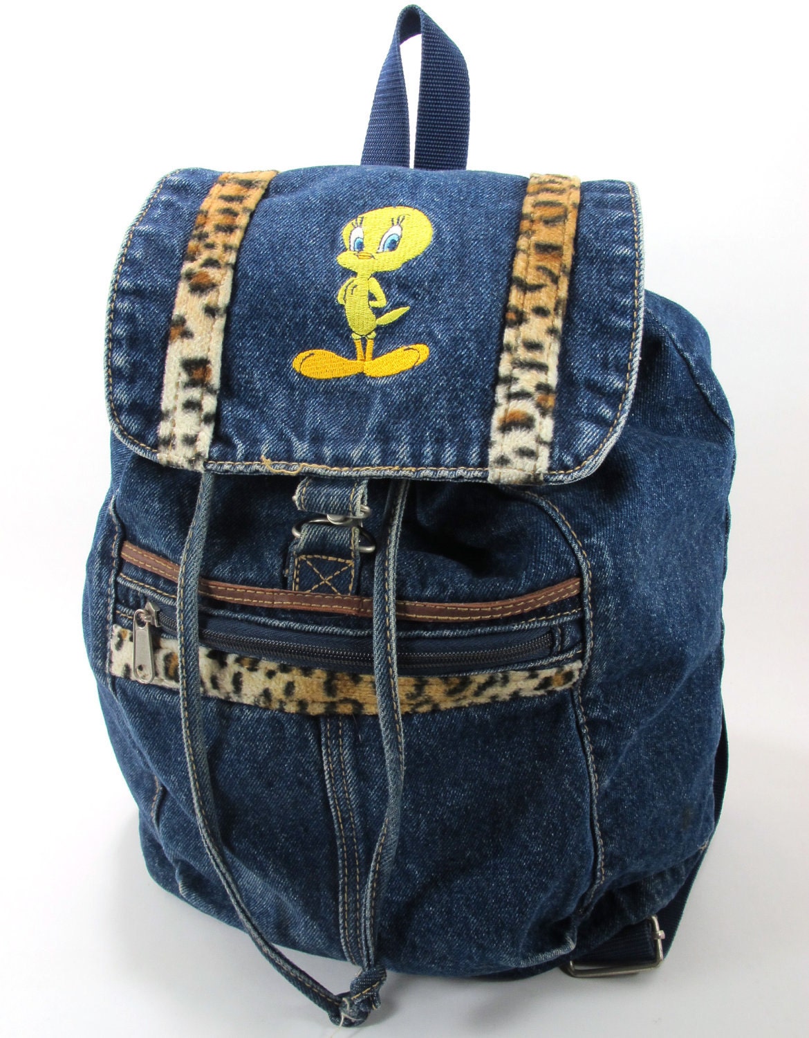 Vintage Denim Tweety Bird Backpack with Leopard by Kokorokoko
