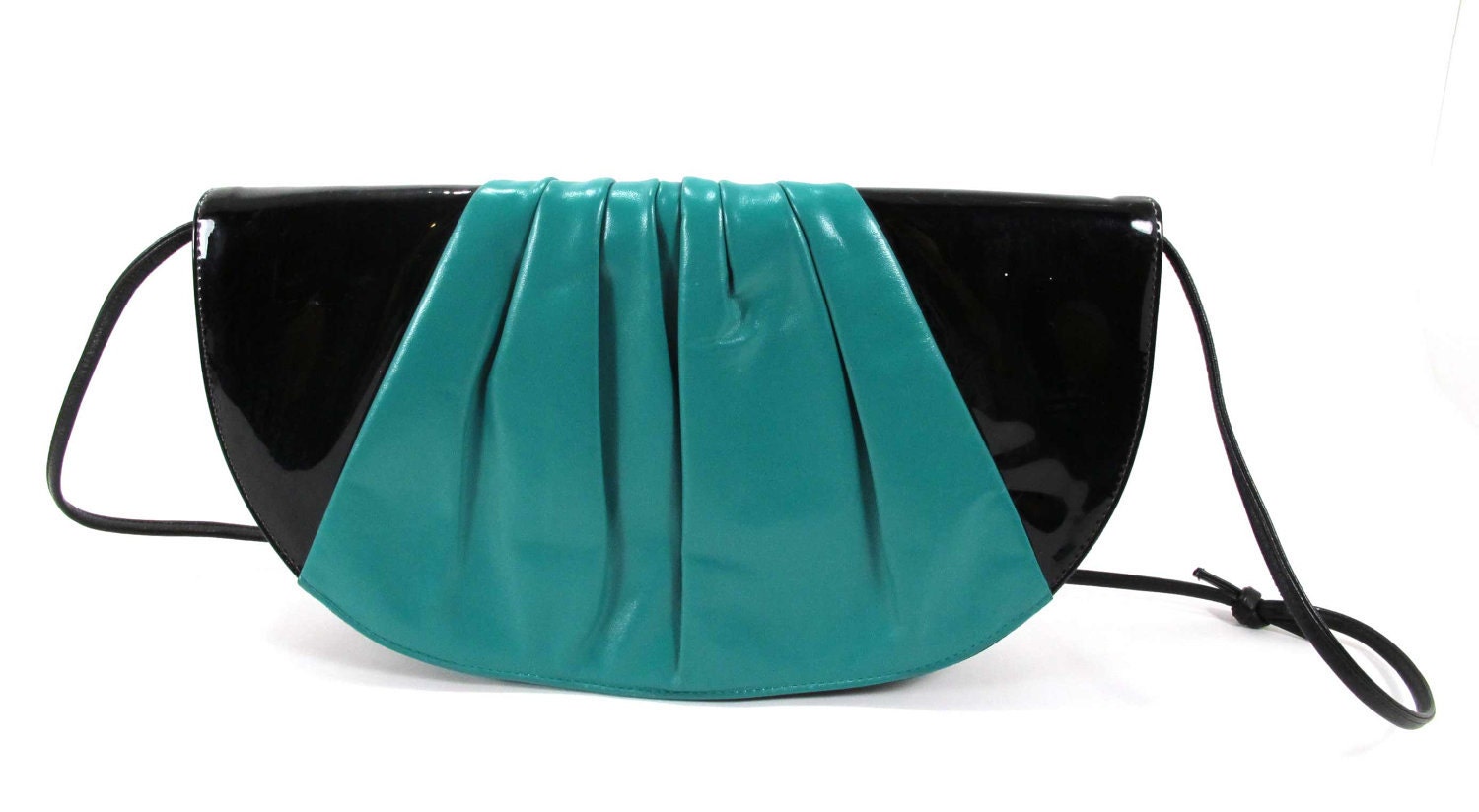 80's Black and Teal Crescent Purse or Clutch Patent Leather