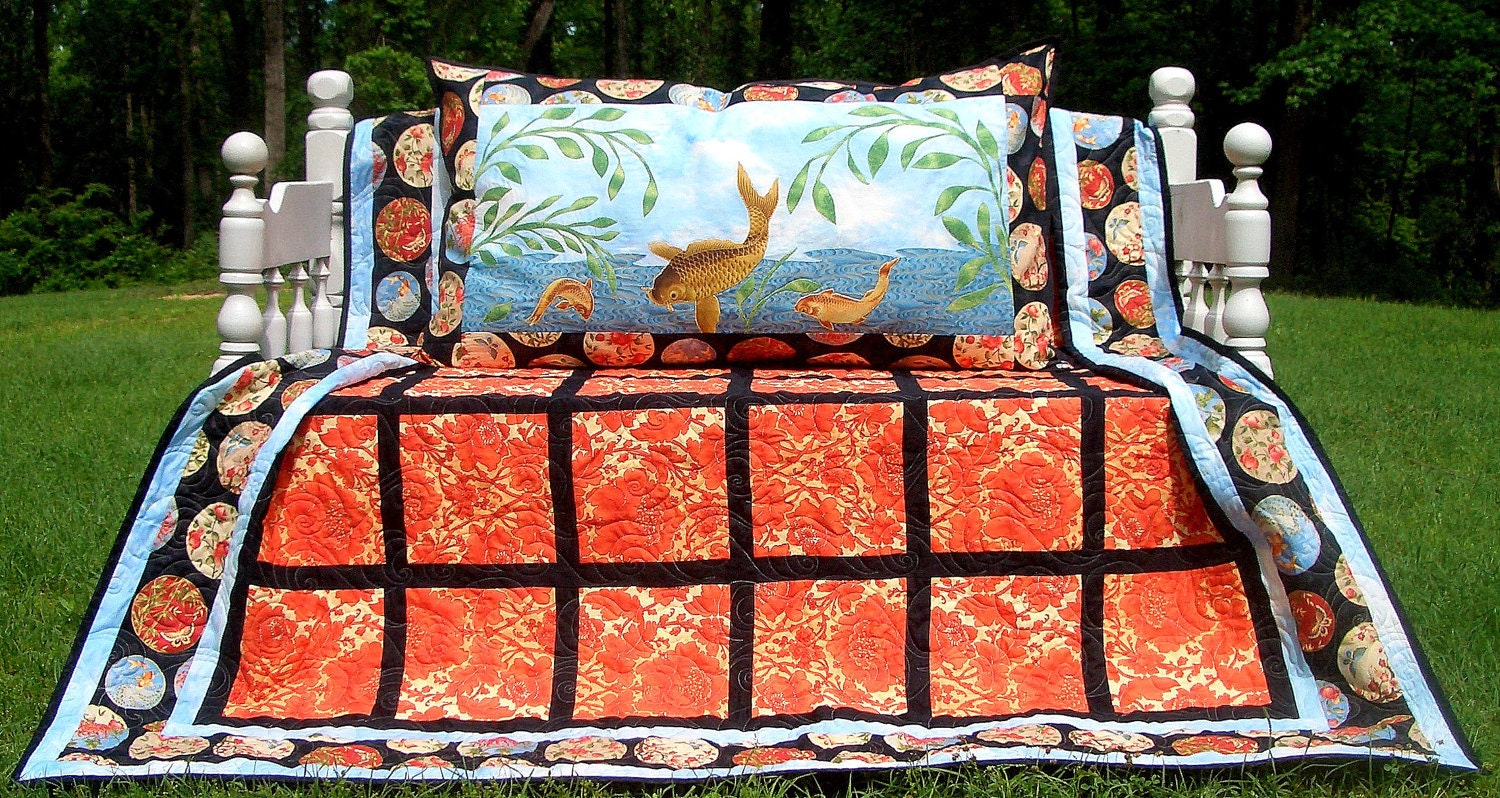 Queen Bed Quilt And Pillow Set Oriental Print