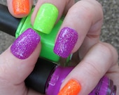 Made To Order Neon Glitter Bomb Nail Art Set of Artificial Nails - Purple, Orange and Lime Green