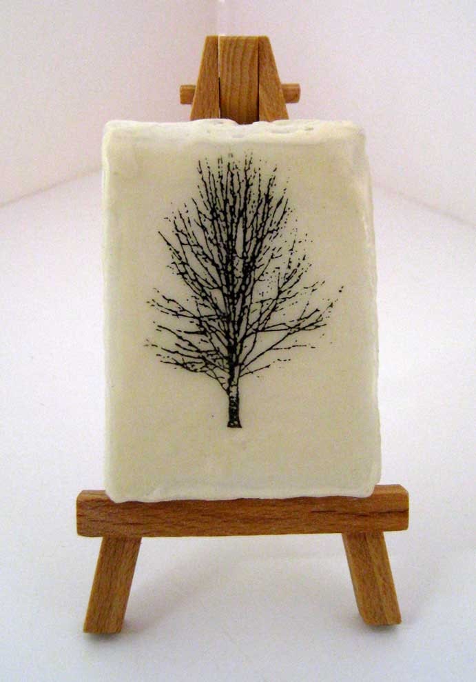 Miniature gold beeswax encaustic tree collage painting