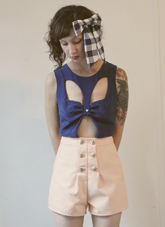 Sale - Here Kitty Kitty - High Waisted Shorts - Peach Size 2 - Ready To Ship