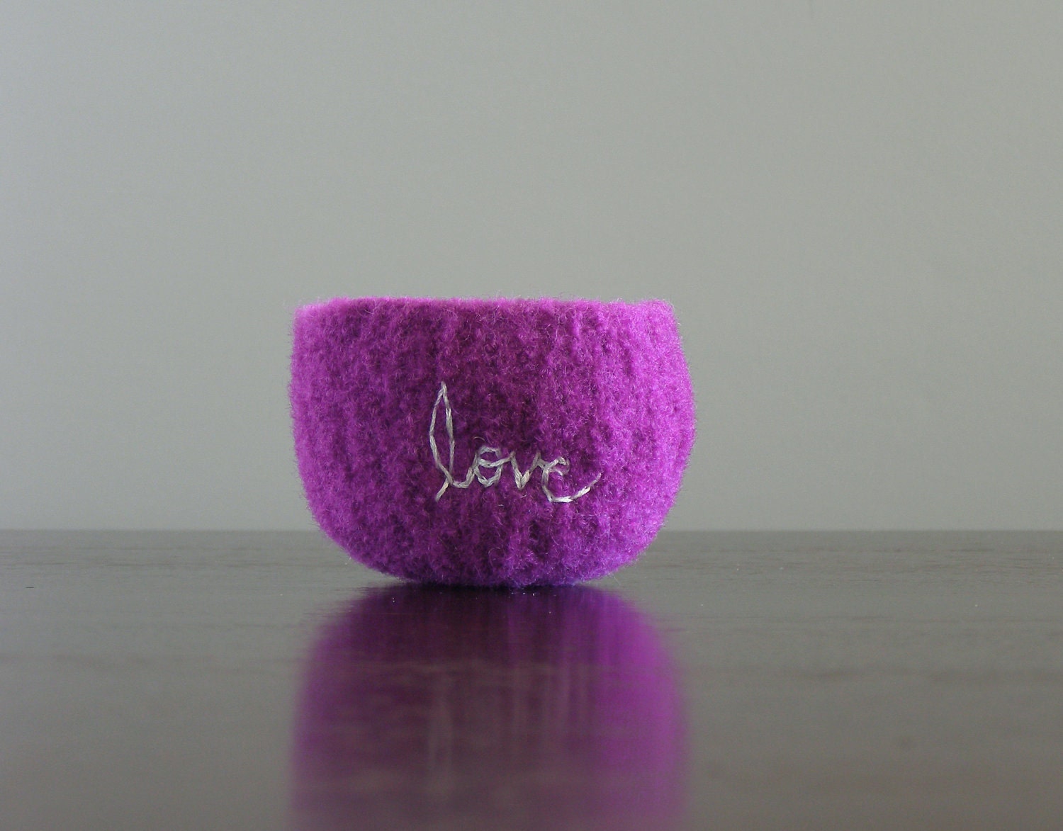 felted tiny columbine purple wool bowl with white "love" embroidered in cotton - stocking stuffer, ring holder, barrette holder