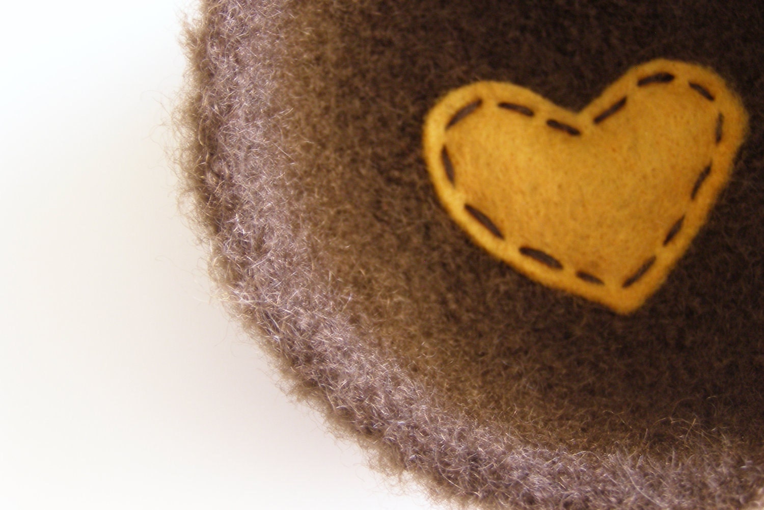 shallow wool bowl or dish- fuzzy dark coffee brown wool bowl with mustard yellow heart - anniversary gift, ring bearer bowl