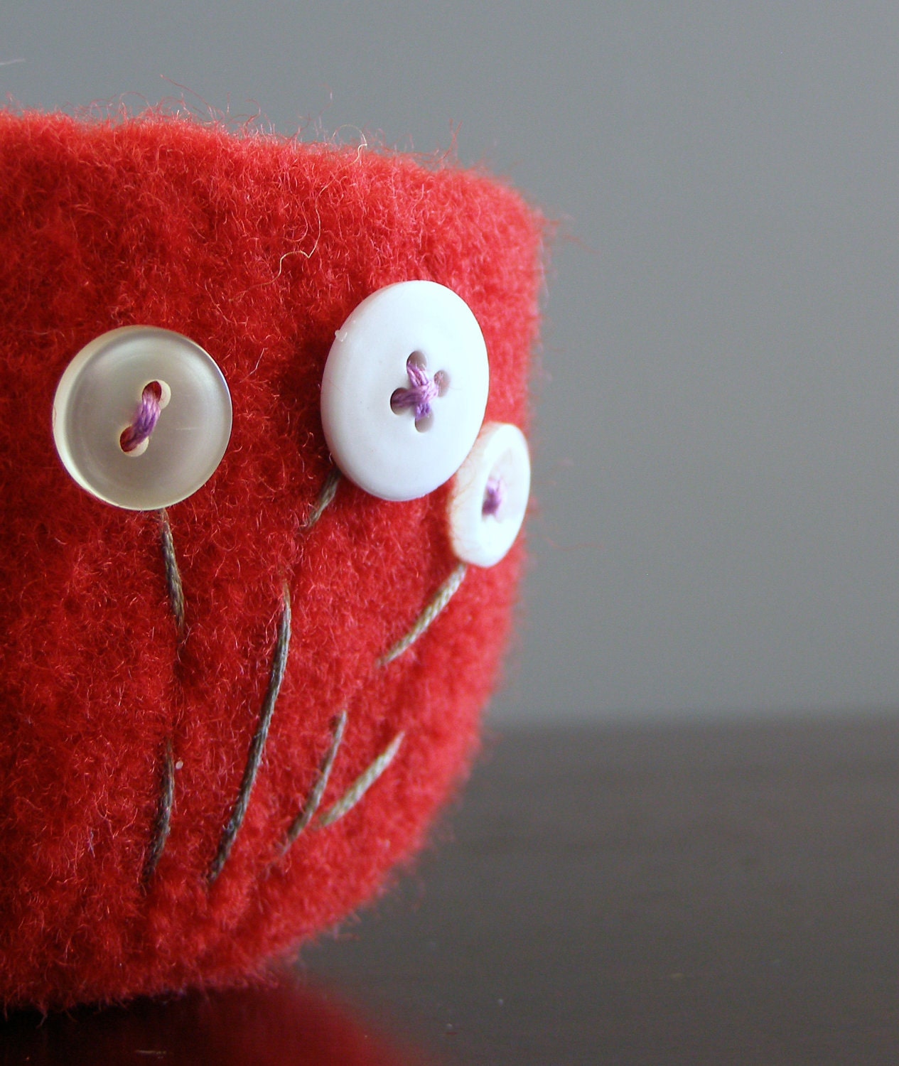 felted wool bowl - bright cherry red with white flowers