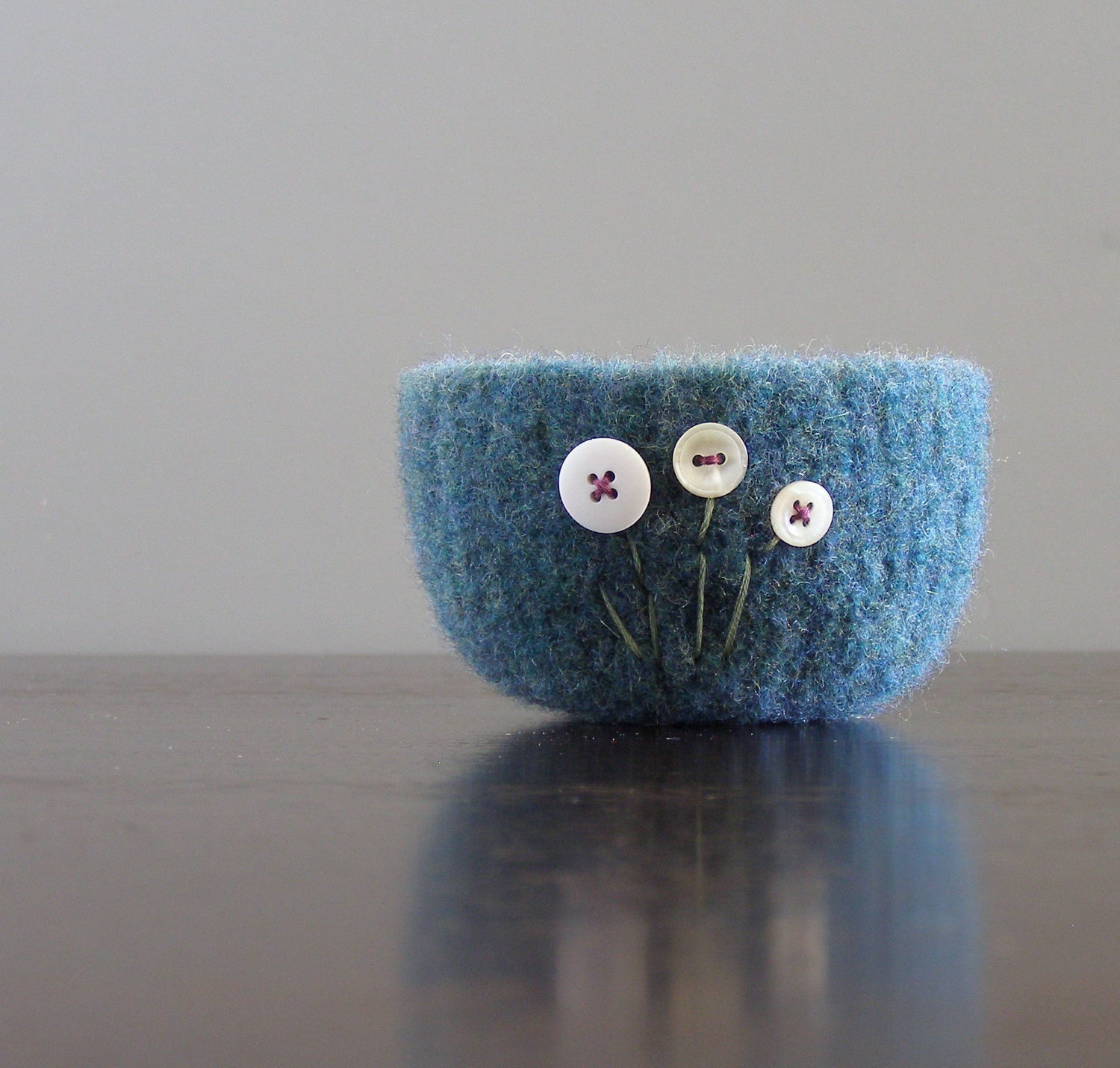 felted wool bowl - jade/teal felted wool bowl with white flowers - back to school desk organizer - teacher gift