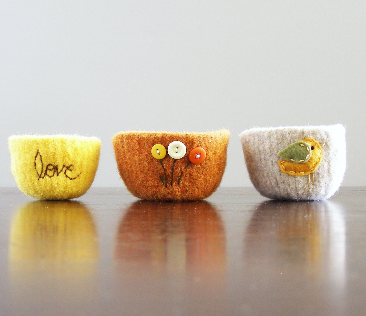 felted bowl - pumpkin orange wool bowl with citrus shaded flowers - mustard yellow, pastel yellow, bright orange - spring garden