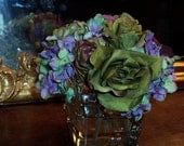 Green Roses Purple Hydrangeas English Cottage Chic Floral Bouquet in Acrylic Water Spring Garden Floral Arrangement