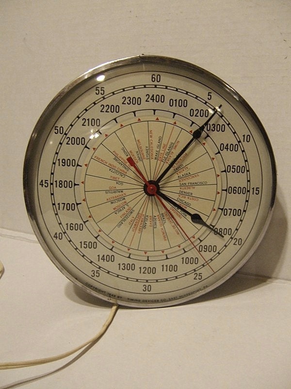 Destination Unknown 1949 World Airport 24 Hour Clock Timing Devices Co. Military Multi City Time Zone Rare Mid Century