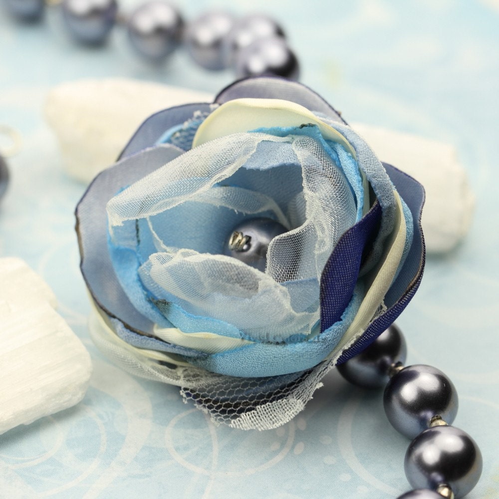 Winter's Rose - Romantic Flower Necklace in Silver & Gray - Ready to Ship - Handmade by VividColors