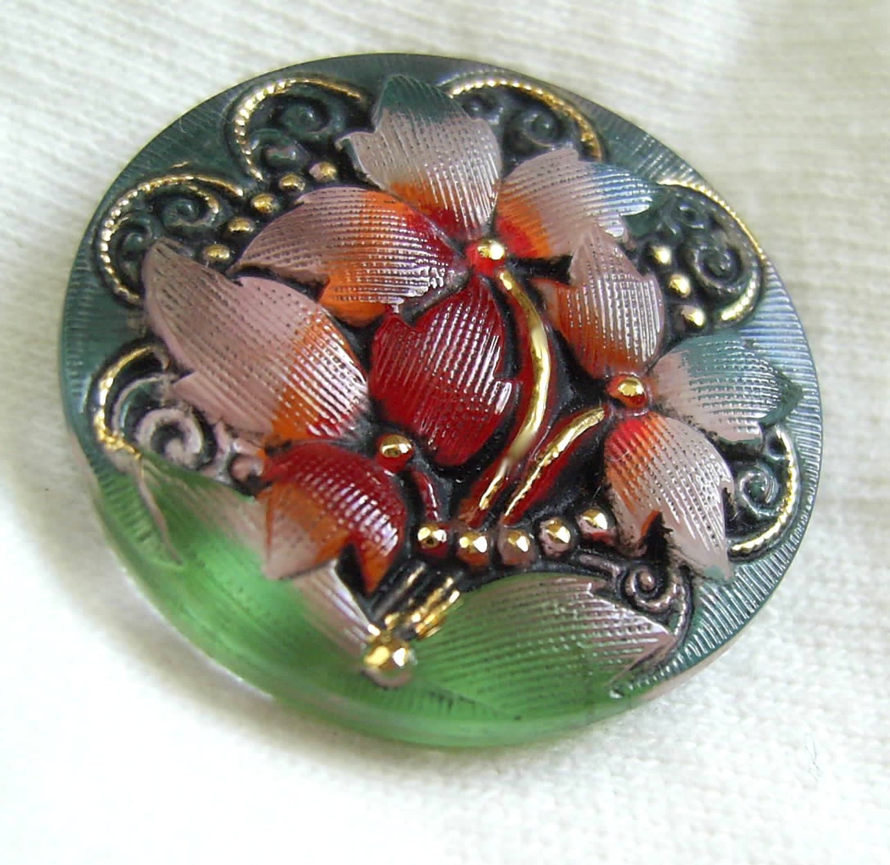 Czech Glass Button - Reverse Painted Nouveau Style Trillium FLORAL w/ Black Wash