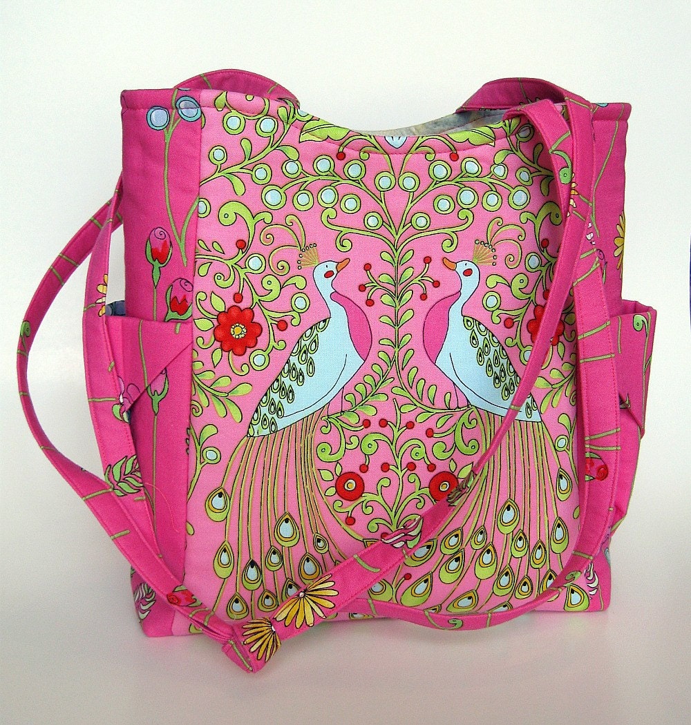 Peacocks and pink. Handmade cotton shoulder purse with pockets.