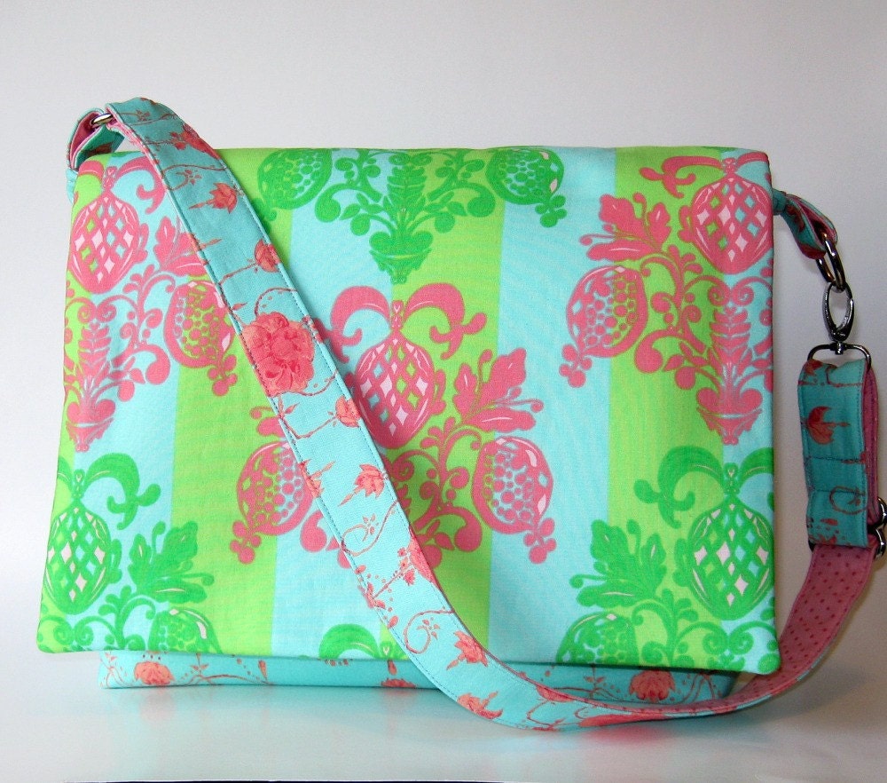 Handmade summer purse. Seaside Sunset - large summer and French inspired Fleur de lis fabric messenger electronics tote purse