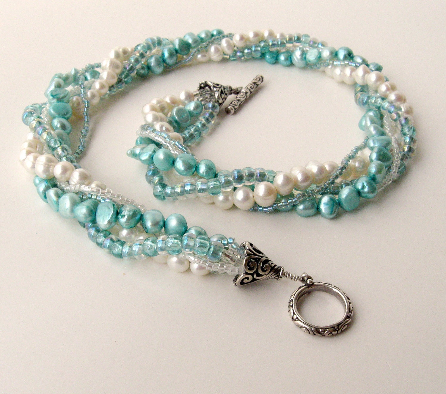 Handmade pearl necklace. White, aqua, teal, blue pearl, glass bead rope necklace. Sterling, no nickel.