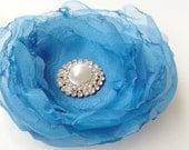 Handmade organza flower. Elegant. Teal / peacock / aquamarine. Rhinestones and large pearl.