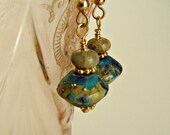 Handmade lampwork dangle earrings. Worn Blue Denim. Organic.