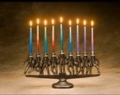 Dancing Rabbi Menorah, 9 candle, in solid bronze