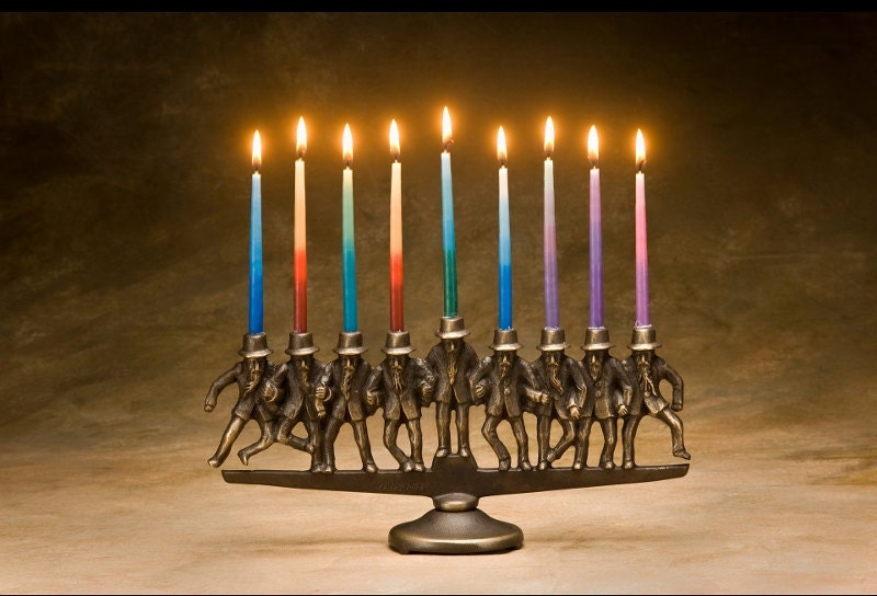 Dancing Rabbi Menorah, 9 candle, in solid bronze