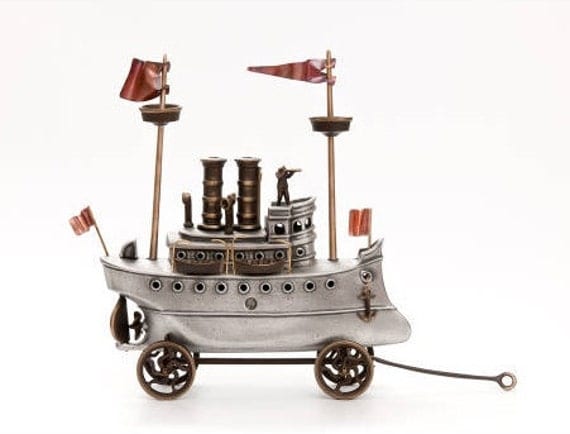 Steam Yacht, Cast Aluminum and Bronze Steampunk Style Ship