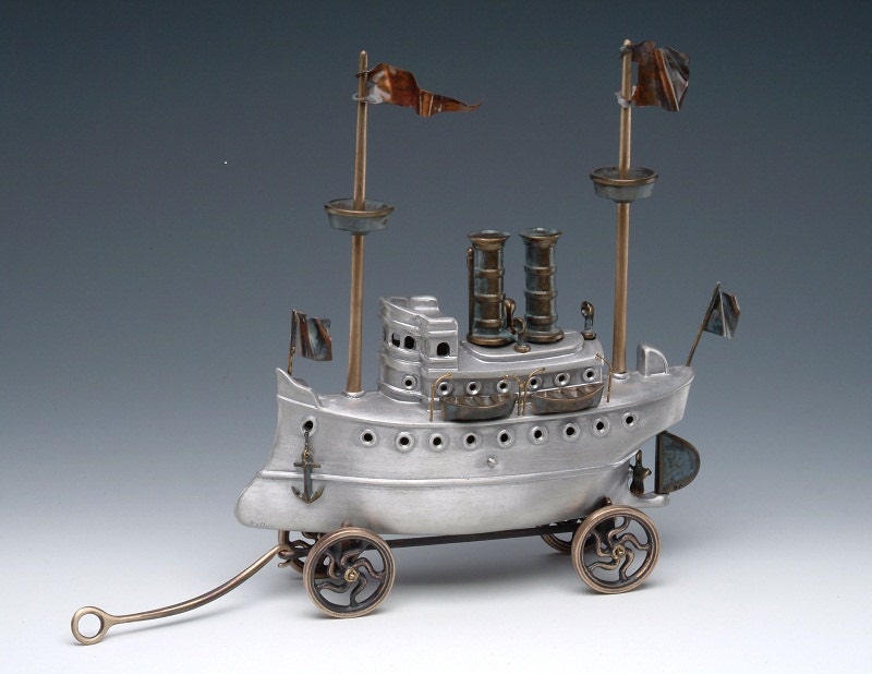 Steam Yacht, Cast Aluminum and Bronze Steampunk Style Ship
