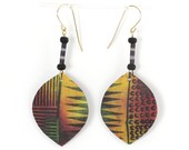 Leaf Earrings with African Bark Cloth Pattern