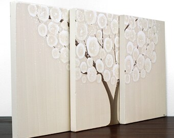Tree Painting - Original Acrylic Art on Triptych Canvas - Brown Neutral Wall Art - Medium 35X14