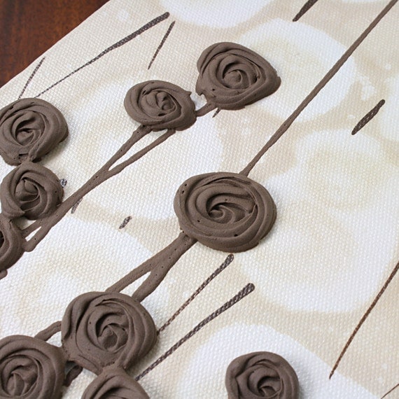 Large Modern Art - Original Textured Flower Painting - 50X20 Triptych Canvas - Brown Neutral Art - IN STOCK