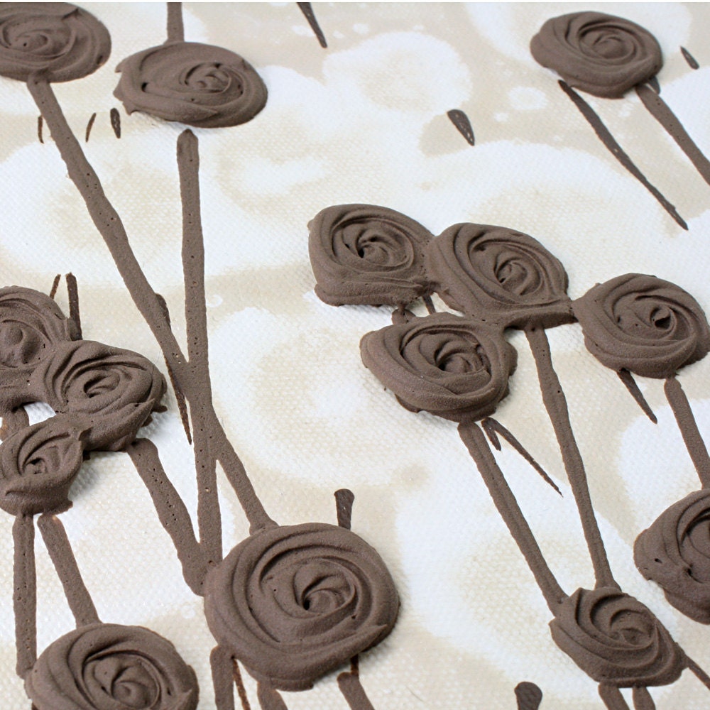 Large Modern Art - Original Textured Flower Painting - 50X20 Triptych Canvas - Brown Neutral Art - IN STOCK