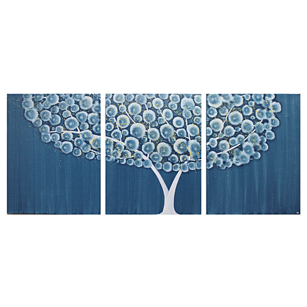 Large Blue Painting - Original Acrylic Art on Canvas - Tree Wall Art Triptych 50X20